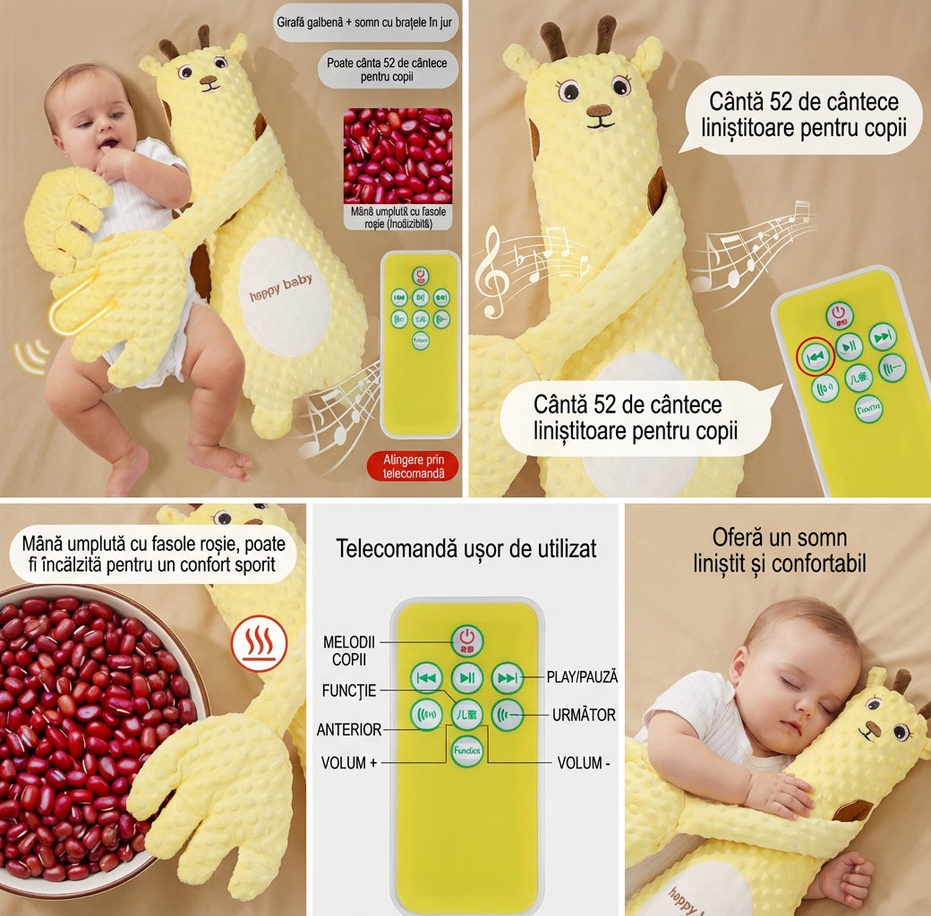 Pernă Giraffă Hipnotică „Happy Baby” – Jucărie Îmbrățișătoare cu Sunete
